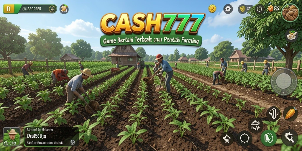 Screenshot utama game CASH777 menampilkan lahan pertanian yang sibuk.