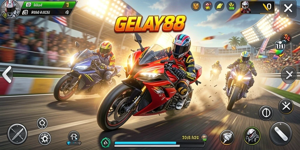 Tampilan gameplay balapan motor yang mendebarkan di GELAY88.