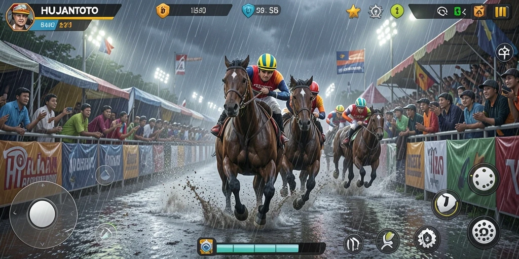 Gameplay menarik HUJANTOTO dengan balapan di tengah hujan.