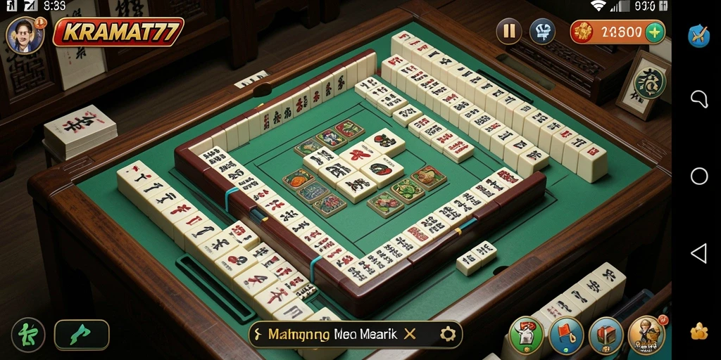 Tampilan gameplay KRAMAT77 yang menarik dengan ubin Mahjong berwarna-warni.