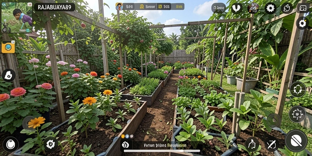 Screenshot gameplay RAJABUAYA89 menampilkan kebun yang indah dan tanaman beragam.