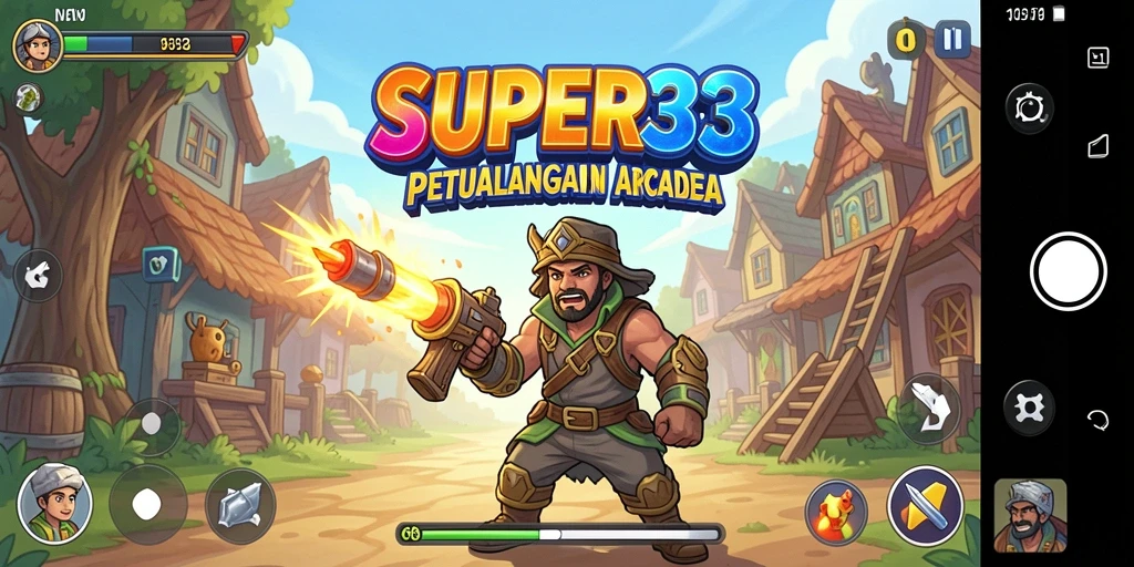 Tangkapan layar utama SUPER33 menampilkan gameplay Arcade yang seru.